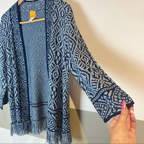 2/$25 Red Rudy Blue Knit Woven Fringe Bohemian Boho Tribal Western Cardigan L - Picture 6 of 9